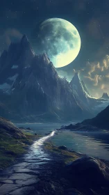 Moonlit mountain pass under colossal glowing moonrise.