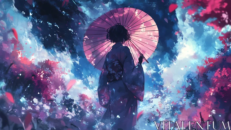 Figure with umbrella in stylized landscape under vivid sky.