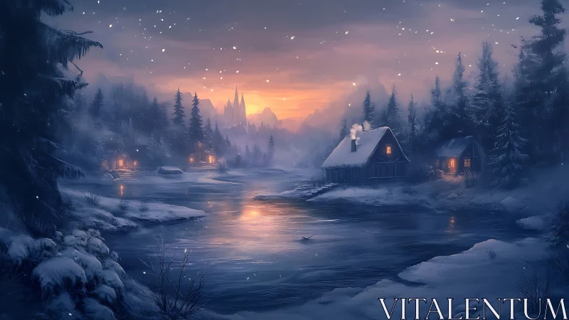 Snow-laden riverside cabins under volumetric dusk light and haze