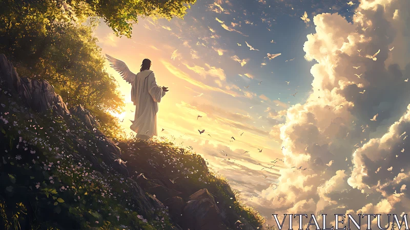 Angel lingers on a cliff while dawn unwinds across the sky