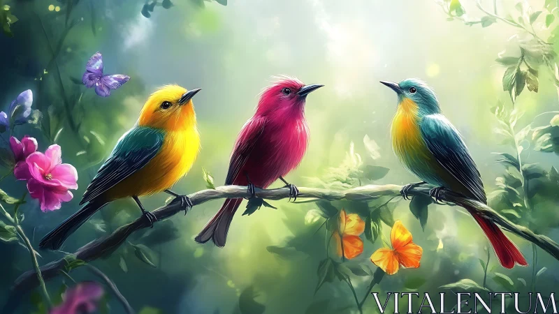 Three Colorful Birds on Branch in Dreamy Digital Art Nature Scene.