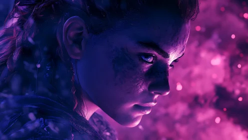 Side profile of illuminated digital face in magenta light.