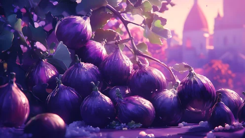 Sunlit purple figs on vine with dreamy village backdrop.