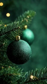 Emerald glitter bauble on fir branch in shallow festive focus