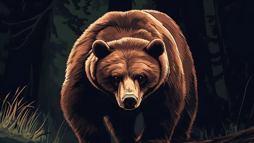 Powerful brown bear strides through shadowed forest path.