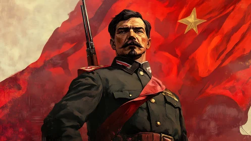 Revolutionary officer before bold red flag backdrop.