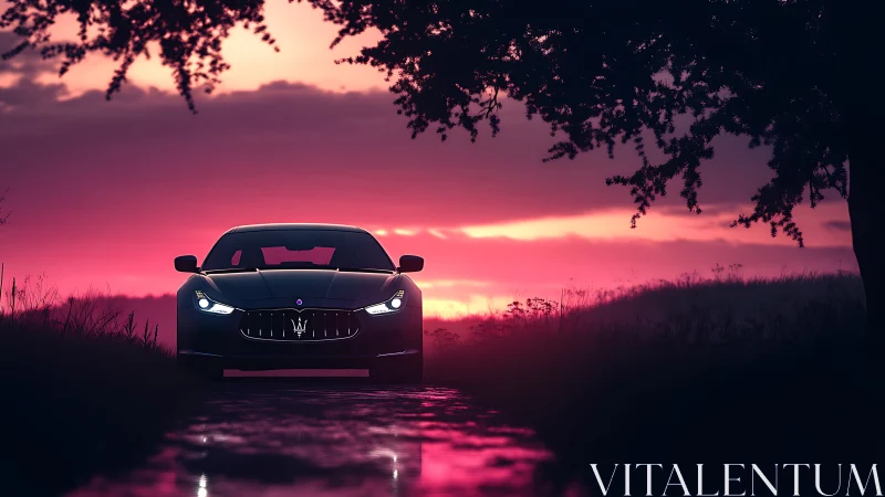 Front-lit performance coupe under magenta atmospheric sunset.