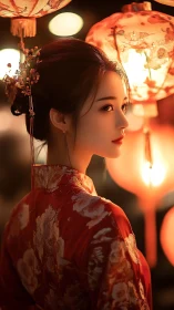 Woman in red kimono among warm glowing lanterns.