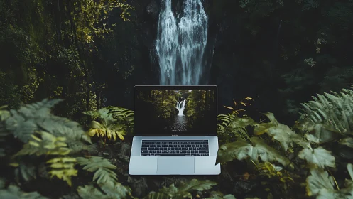 Laptop in lush forest mirroring cascading waterfall scene.