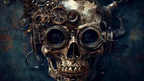 Steampunk cybernetic skull with brass cogs and goggles.
