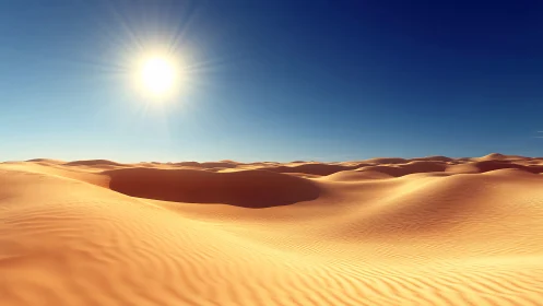 Sunlit desert dunes roll beneath a vast sapphire sky.