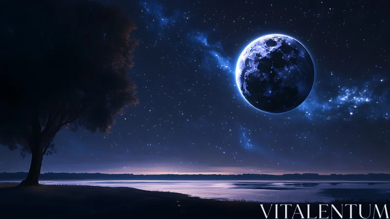 Moonlit shoreline dreamscape under a shimmering sky.