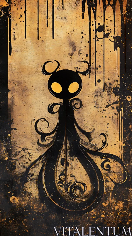 Stylized black figure with glowing eyes on grunge backdrop