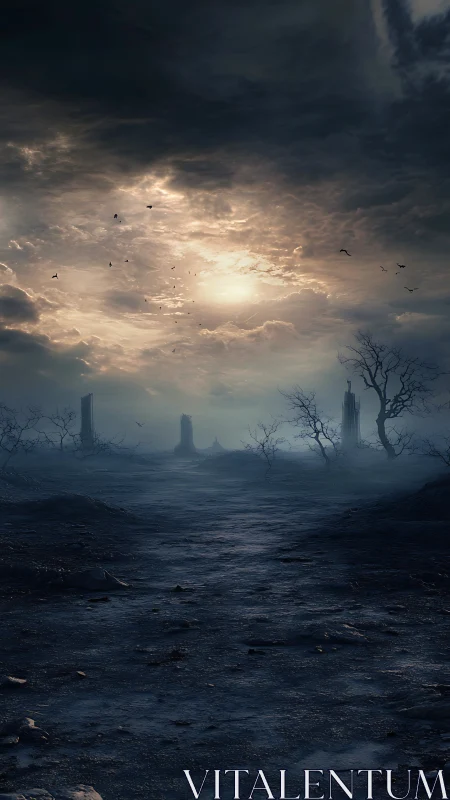 Desolate twilight wasteland unfolds beneath a storm-torn sky