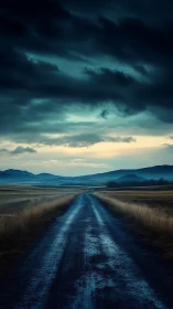 Straight wet rural road under dense storm cloud cover.