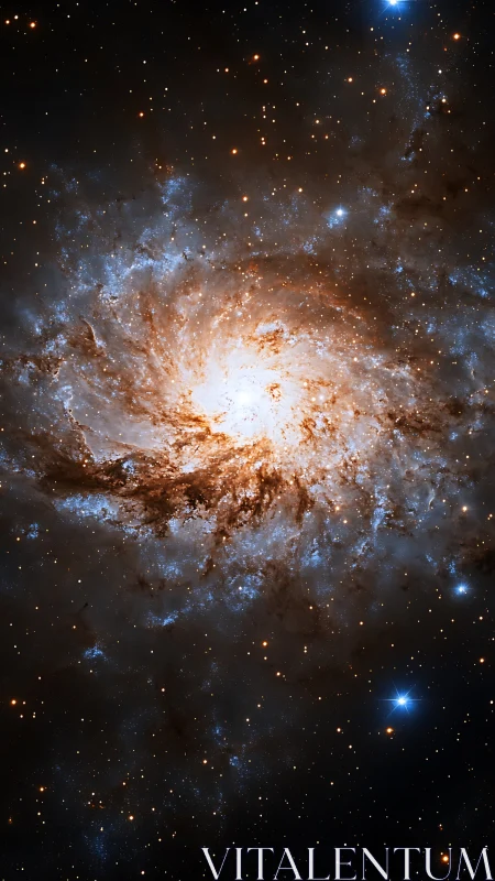 Spiral galaxy core with dense blue and orange star fields.