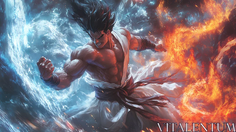 Dynamic digital painting of elemental martial artist duel.