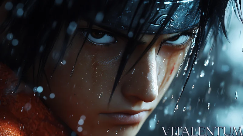 Rain‑slick resolve carves stormlight across a warrior’s gaze