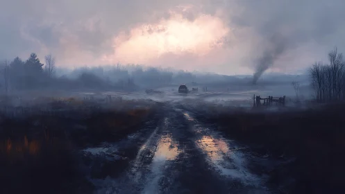 Mist-laden rural track with reflective mud and distant smoke plume.