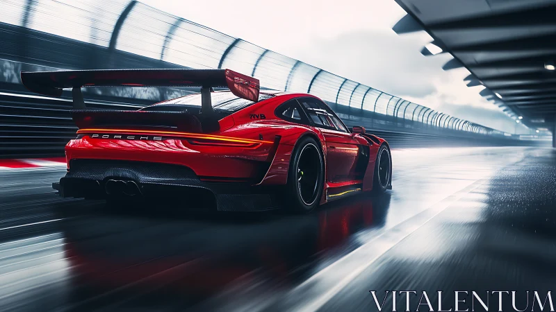 Red Porsche race car accelerates along wet tunnel track