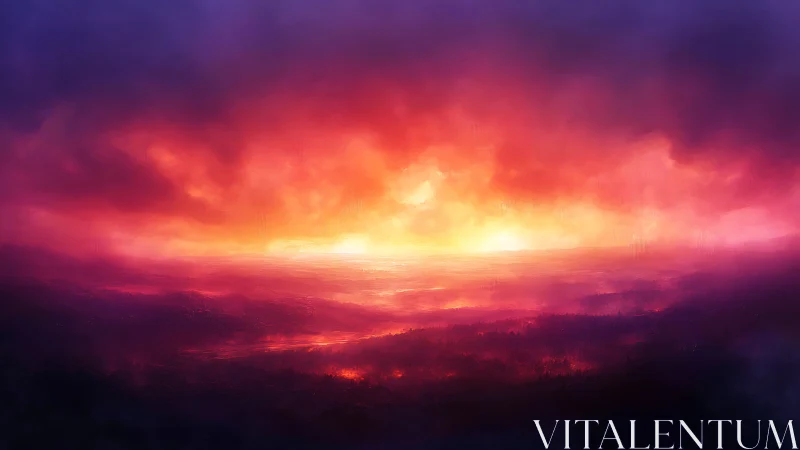 Fiery twilight horizon over misty darkened valley landscape.