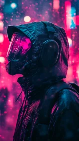 Hooded cybernetic figure stands in neon magenta rainfield