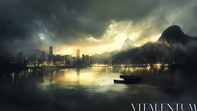 Storm-lit harbor city glows beneath looming mountain clouds