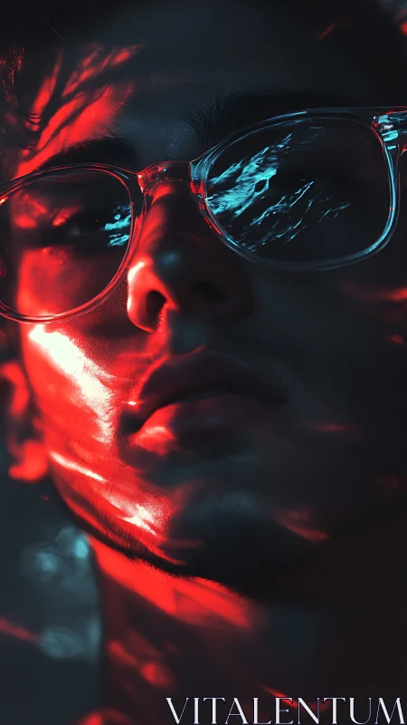 Neon red portrait with refracted highlights on glasses frames.