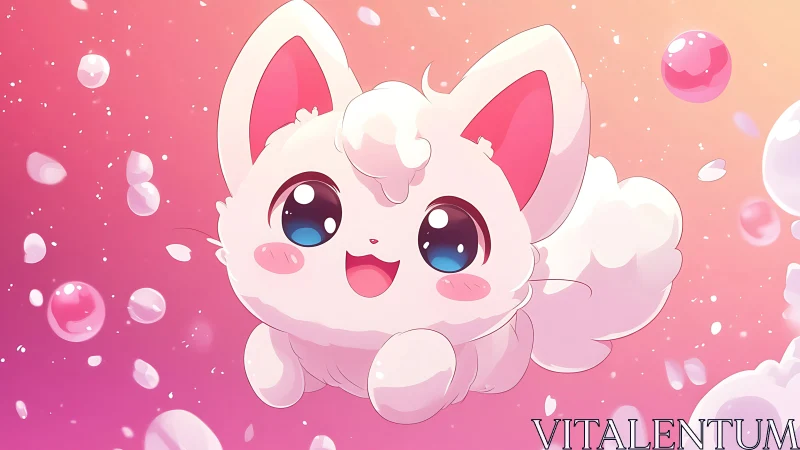 Fluffy chibi kitten floating in iridescent pastel bubbles.