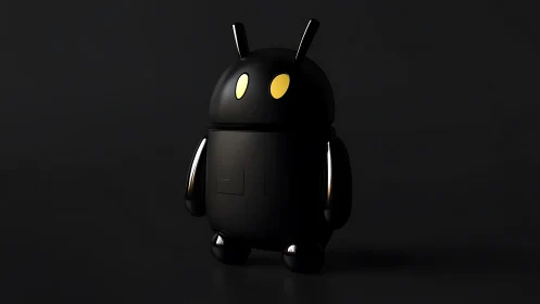 Midnight robot stands calmly with soft golden eyes aglow