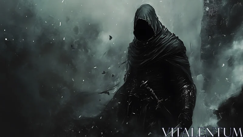 Shadowed wanderer wrapped in mist and quiet mystery.