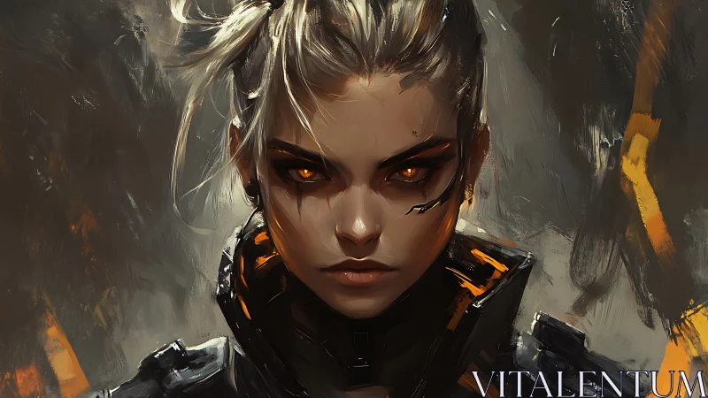 Cybernetic female portrait with glowing orange eyes, front view.