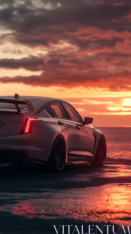 Widebody performance sedan at coastal sunset, rear three-quarter