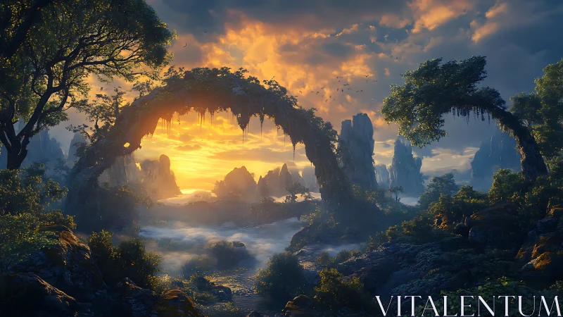 Fantasy sunrise through stone arches over misty valley.