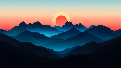 Minimalist sunset illuminates layered blue mountain silhouettes