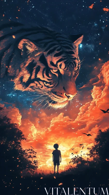 Starlit tiger spirit studies a dreaming child at dusk