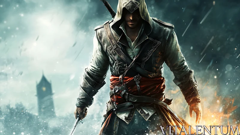 Hooded assassin advances through storm with blazing steel