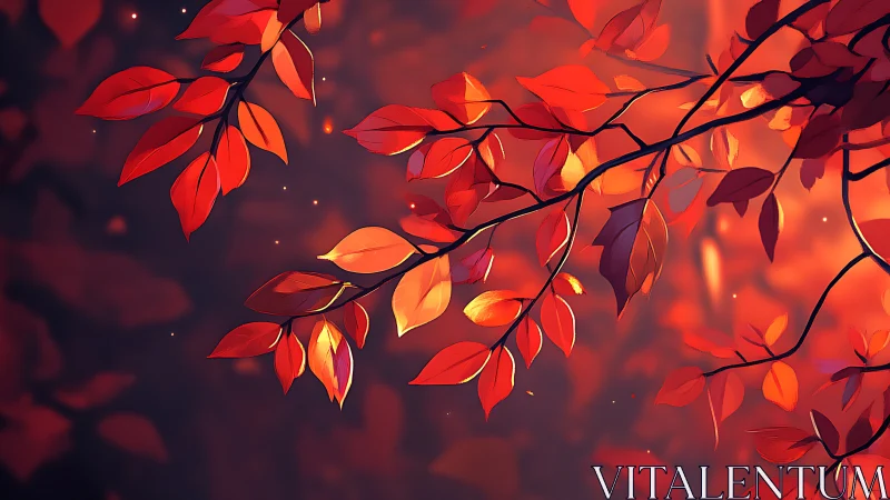 Autumn branches display layered red leaves against light