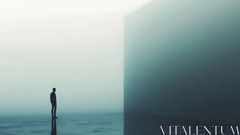 Quiet figure meets a mysterious monolithic wall in fog.