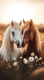 Two horses stand closely aligned in a backlit field