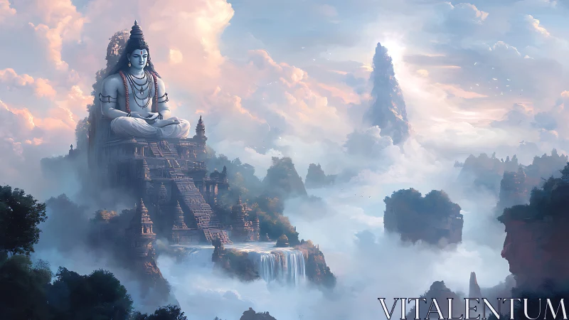 Mythic mountain temple crowned by colossal meditating deity.