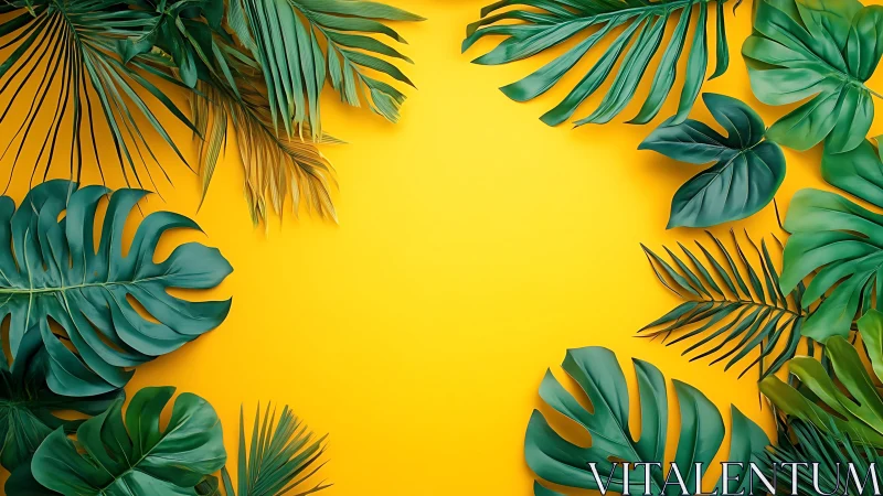 Tropical green leaves border on solid yellow background.