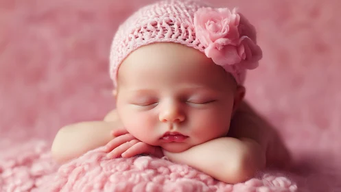 Newborn portrait rests on soft pink knit blanket. Period.