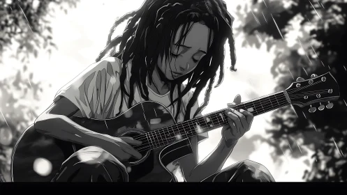 Young guitarist with dreadlocks plays acoustic guitar in rain