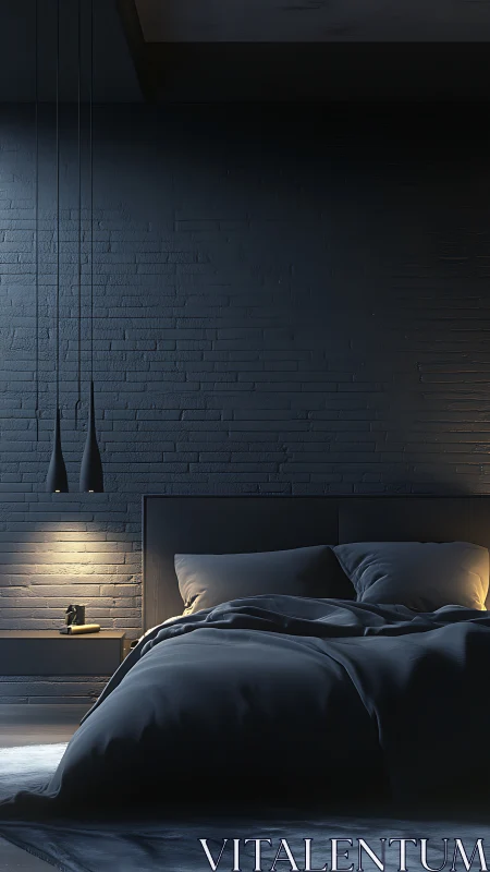 Dark bedroom interior shows directional lighting on brick wall