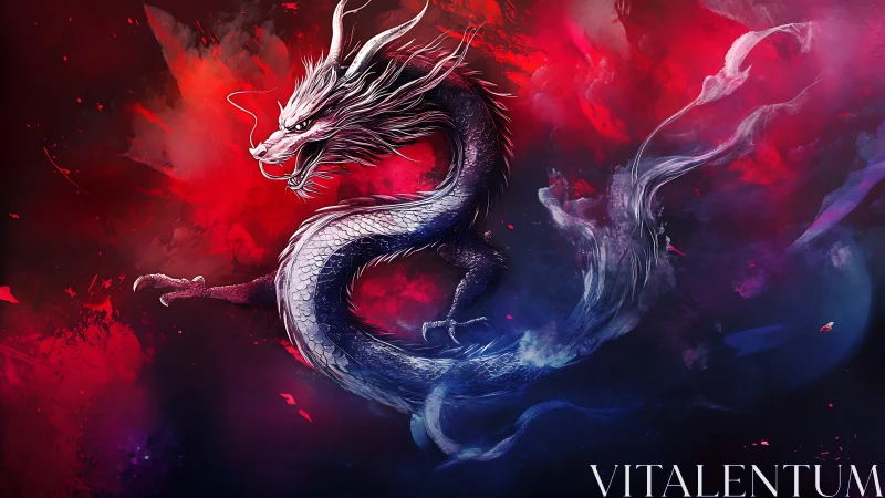 Celestial dragon coils through crimson storms of swirling magic