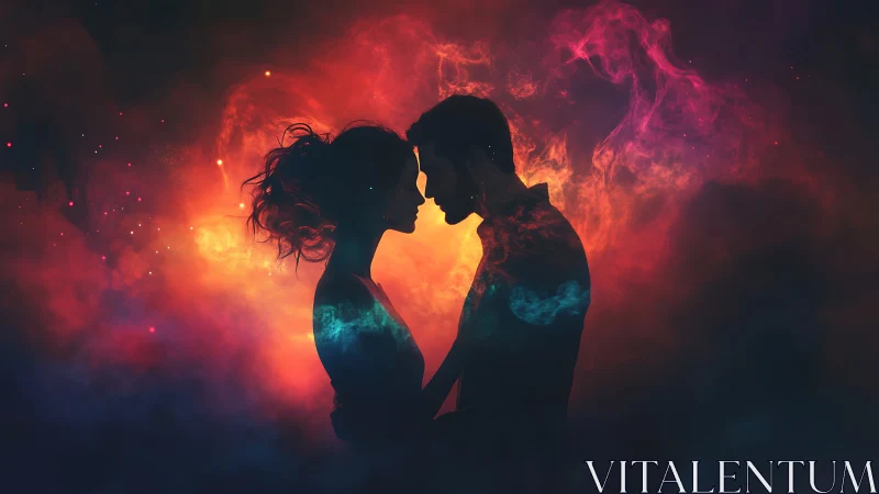 Silhouetted Couple Against Fiery Abstract Background.