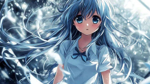 Blue-haired anime girl stands amid luminous drifting particles