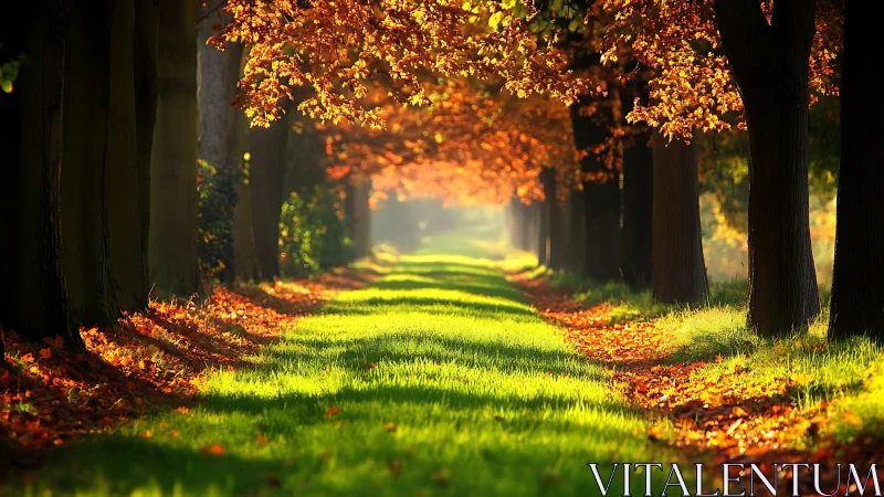 Golden autumn tunnel of trees cradling a glowing path.