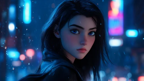 Blue-eyed girl walks through neon city rain at night